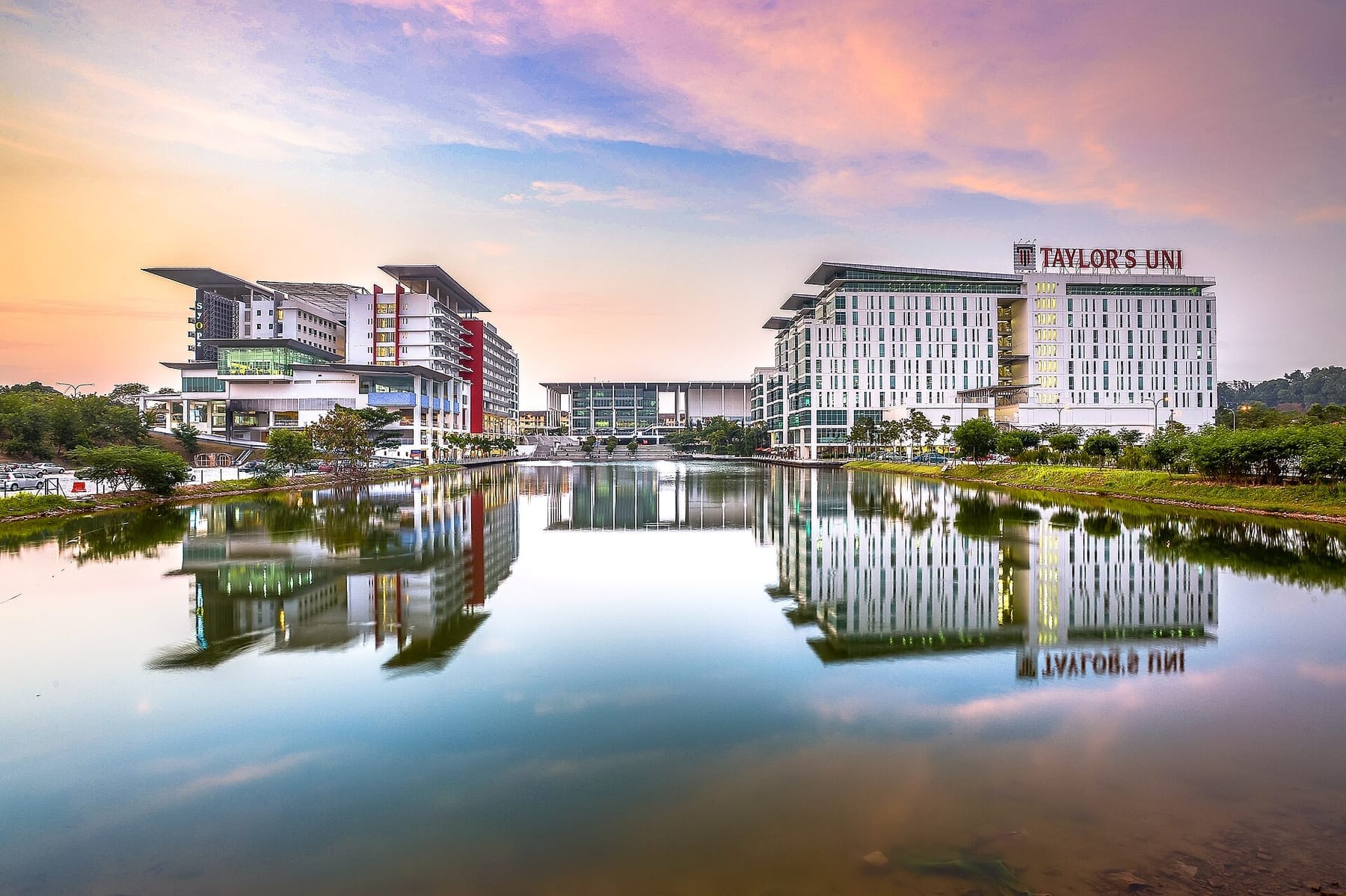 Taylor's Lakeside Campus buildings reflected in the lake